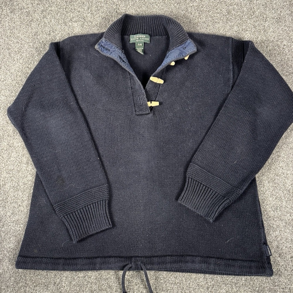Lauren Ralph Lauren Sweater Womens PM Navy Blue Toggle Drawstring Cotton Preppy